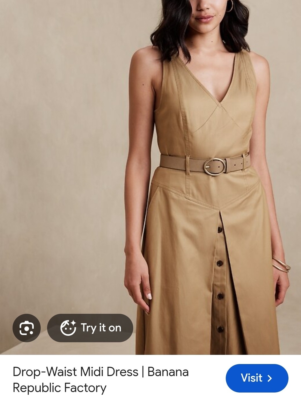 Banana Republic Tan V-Neck Belted Midi Dress Drop Waist Fall 6P